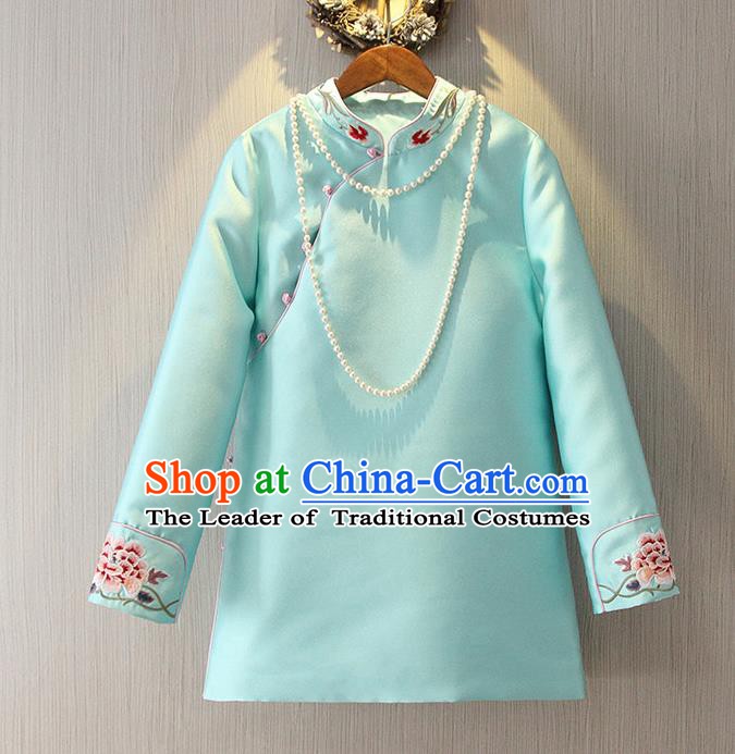 Chinese Traditional National Cheongsam Blue Blouse Tangsuit Stand Collar Embroidered Shirts for Women