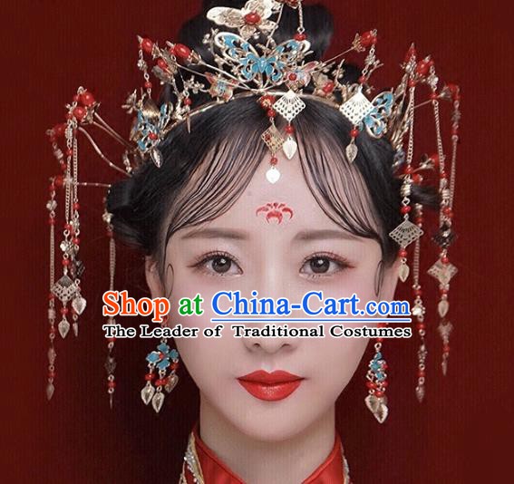 Traditional Chinese Ancient Bride Hair Accessories Xiuhe Suit Hairpins Golden Tassel Phoenix Coronet for Women