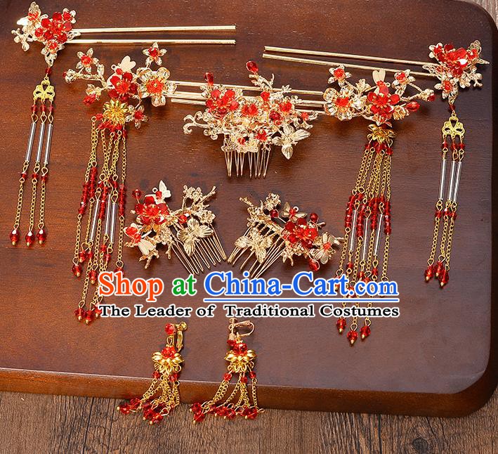 Traditional Chinese Ancient Bride Hair Accessories Xiuhe Suit Red Tassel Hairpins Complete Set for Women