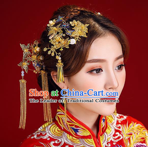 Traditional Chinese Ancient Bride Hair Accessories Xiuhe Suit Blueing Hairpins Complete Set for Women