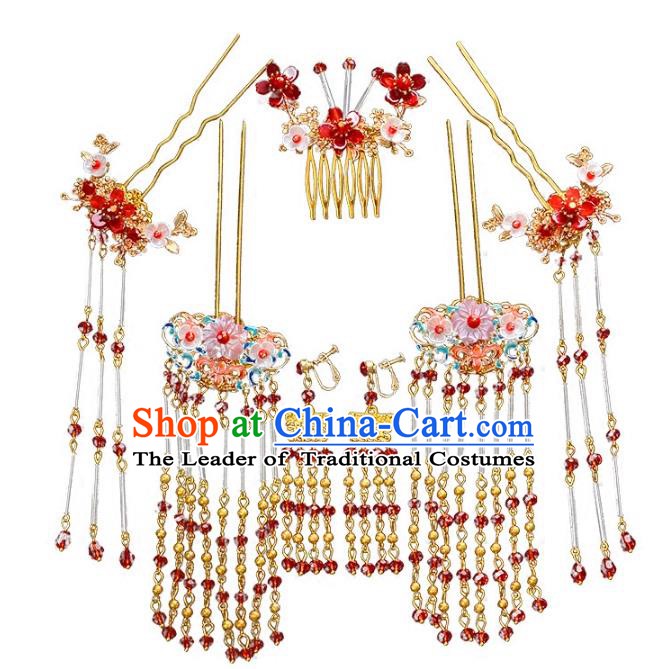 Traditional Chinese Ancient Bride Hair Accessories Xiuhe Suit Tassel Step Shake Hairpins Complete Set for Women