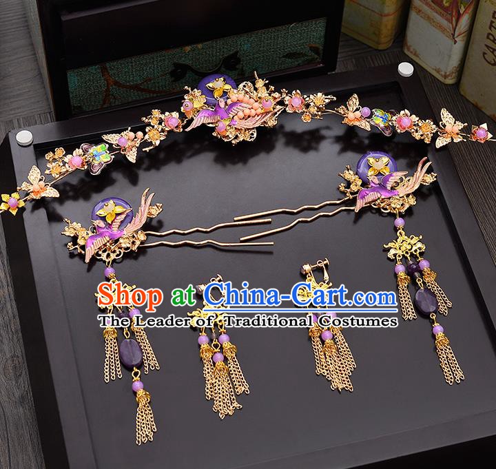 Traditional Chinese Ancient Bride Hair Accessories Xiuhe Suit Purple Phoenix Coronet Hairpins for Women