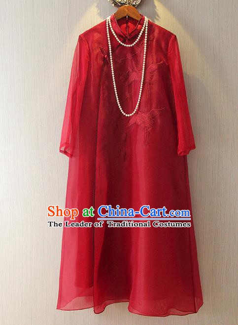 Chinese Traditional National Cheongsam Dress Tangsuit Embroidered Red Qipao for Women