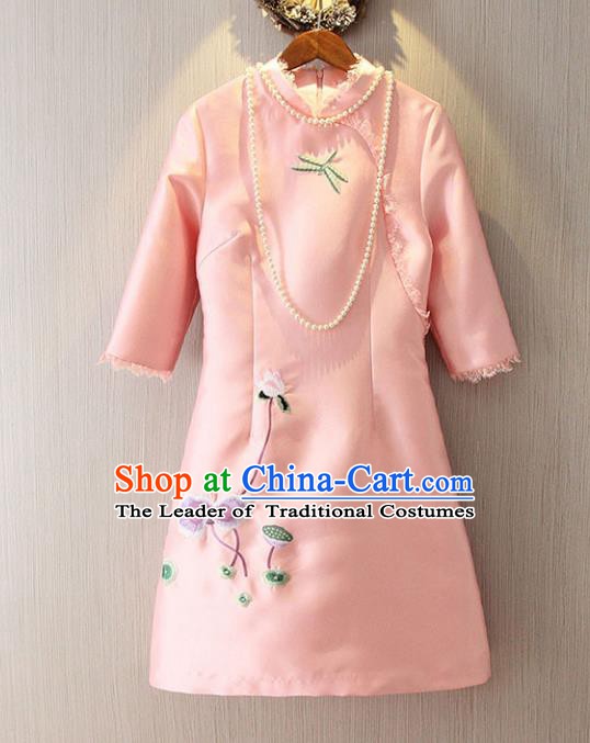 Chinese Traditional National Costume Pink Cheongsam Tangsuit Embroidered Short Dress for Women