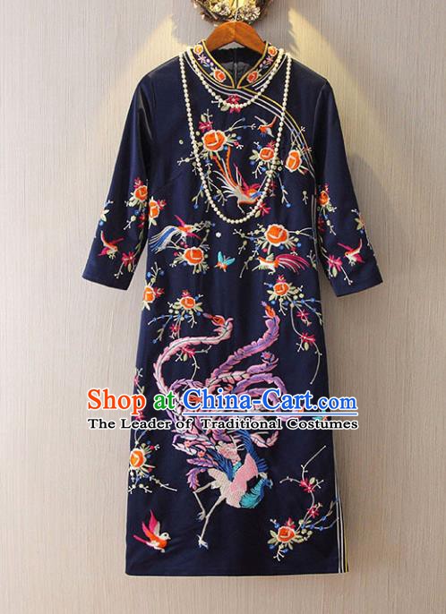 Chinese Traditional National Cheongsam Dress Tangsuit Embroidered Phoenix Navy Qipao for Women