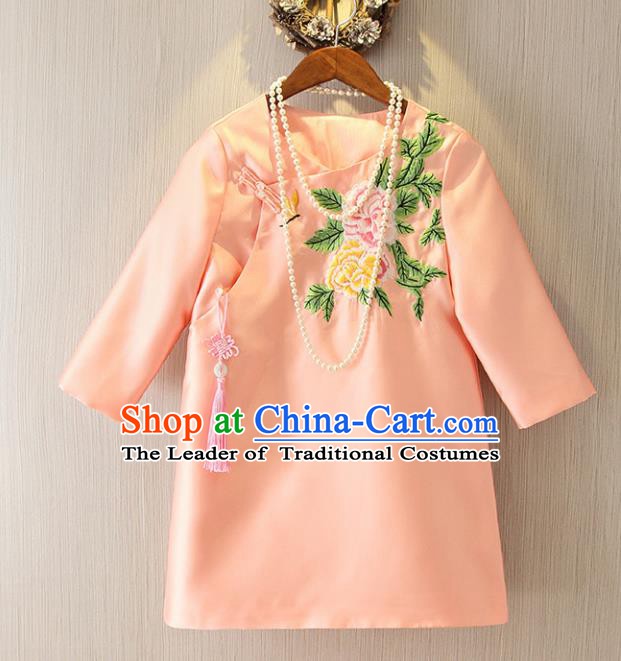 Chinese Traditional National Costume Cheongsam Pink Shirts Tangsuit Embroidered Qipao Blouse for Women