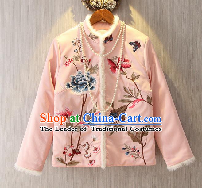 Chinese Traditional National Costume Pink Cheongsam Blouse Tangsuit Embroidered Jacket for Women