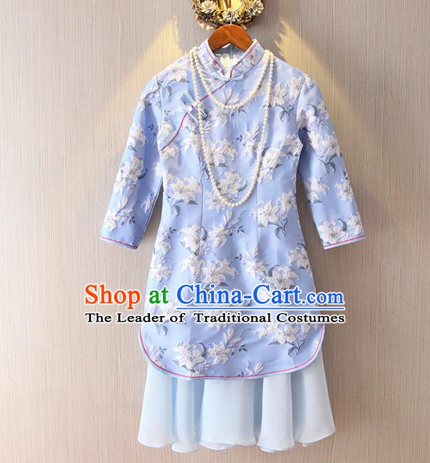 Chinese Traditional National Costume Stand Collar Blue Cheongsam Tangsuit Embroidered Qipao Dress for Women