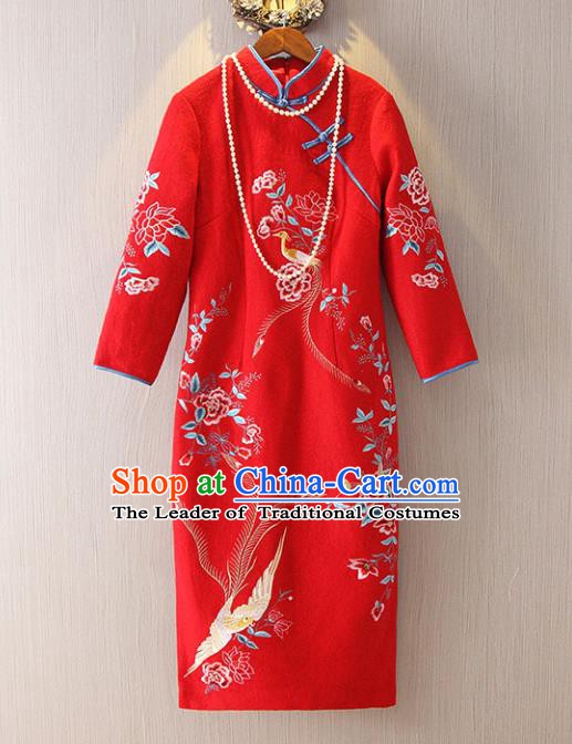 Chinese Traditional National Costume Stand Collar Red Cheongsam Tangsuit Embroidered Qipao Dress for Women