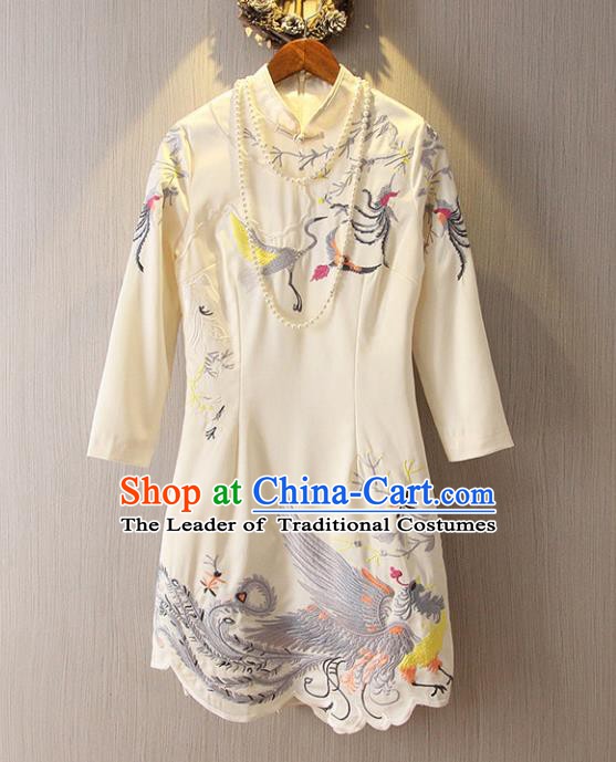 Chinese Traditional National Costume Stand Collar White Cheongsam Tangsuit Embroidered Qipao Dress for Women