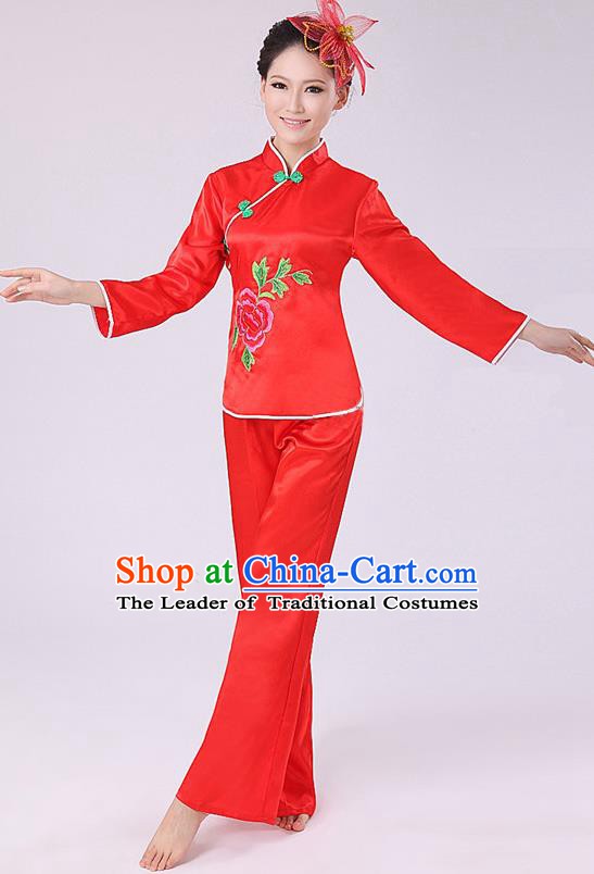 Chinese Traditional Fan Dance Costume, China Folk Dance Red Uniform Yangko Clothing for Women