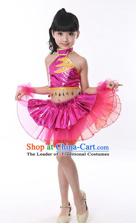 Chinese Classical Stage Performance Jazz Dance Costume, Children Modern Dance Rosy Bubble Dress for Kids