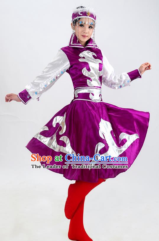 Traditional Chinese Mongol Nationality Dance Costume, Mongols Folk Dance Purple Dress for Women