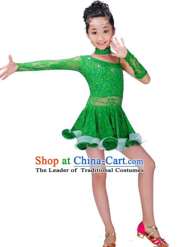 Chinese Classic Stage Performance Costume Children Modern Latin Dance Green Dress for Kids