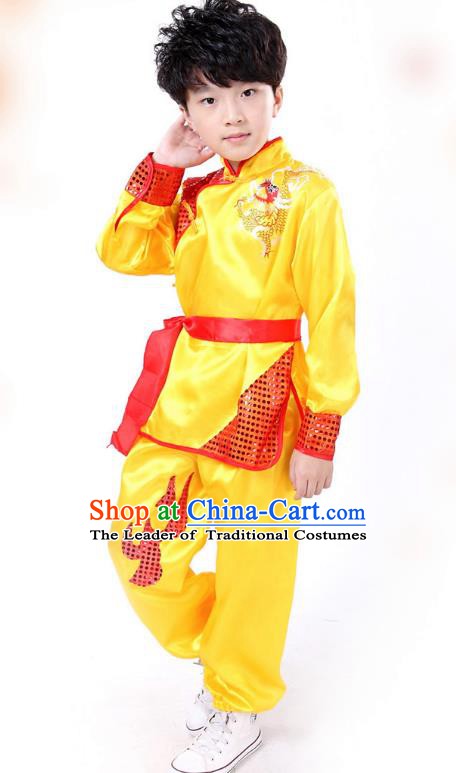 Traditional Chinese Yangge Dance Costume, Folk Dance Lion Dance Yellow Uniform Yangko Clothing for Kids