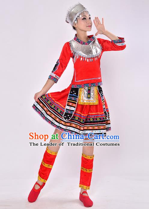 Traditional Chinese Miao Nationality Dance Costume, Hmong Folk Dance Red Dress for Women