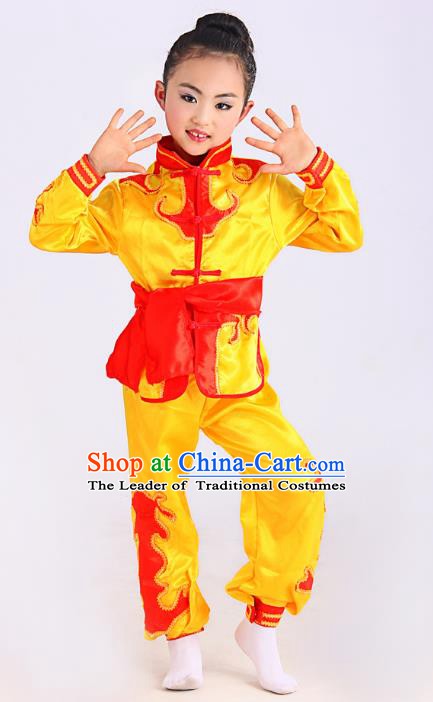 Traditional Chinese Martial Arts Costume, Folk Dance Waist Drum Dance Yellow Uniform Yangko Clothing for Kids