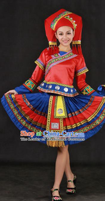 Traditional Chinese Zhuang Nationality Dance Costume, Zhuang Minority Nationality Folk Dance Dress for Women