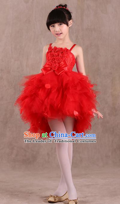 Top Grade Children Stage Performance Compere Costume, Professional Chorus Singing Group Red Bubble Dress for Kids