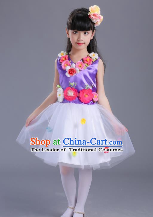 Top Grade Flower Faerie Modern Dance Costume, Children Chorus Singing Group Dance Purple Dress for Kids