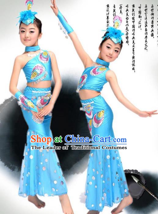 Traditional Chinese Ethnic Nationality Pavane Costume, Chinese Peacock Dance Blue Clothing for Kids
