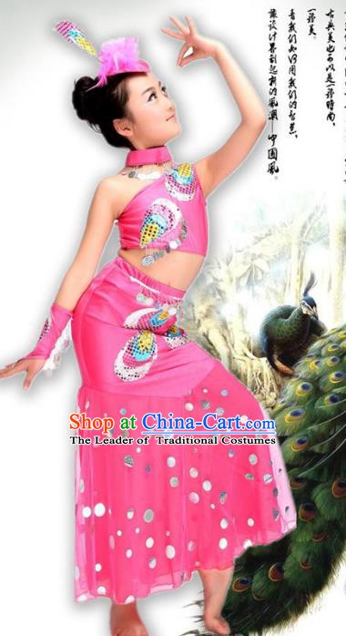 Traditional Chinese Ethnic Nationality Pavane Costume, Chinese Peacock Dance Pink Clothing for Kids