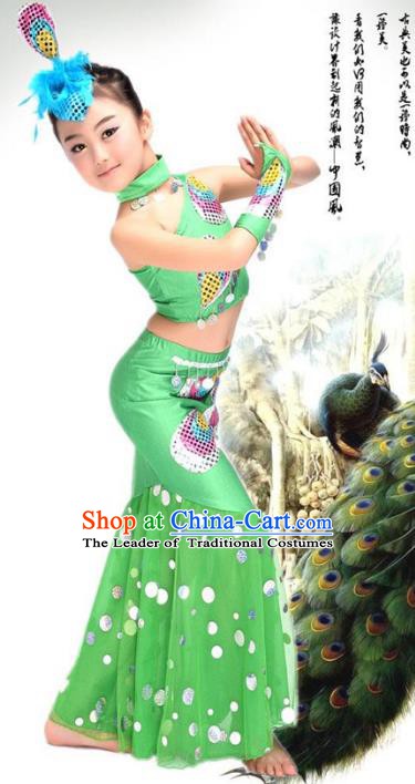 Traditional Chinese Ethnic Nationality Pavane Costume, Chinese Peacock Dance Green Clothing for Kids