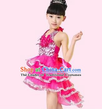 Top Grade Stage Performance Latin Dance Costume, Professional Modern Dance Rosy Swallow-tailed Dress for Kids