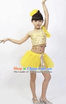 Top Grade Stage Performance Latin Dance Costume, Professional Modern Dance Yellow Bubble Dress for Kids