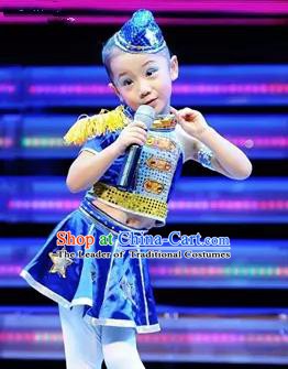Top Grade Stage Performance Jazz Dance Costume, Professional Modern Dance Blue Dress for Kids