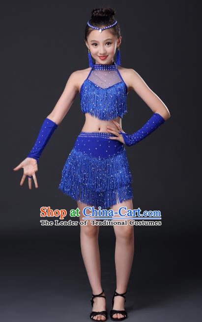 Top Grade Stage Performance Jazz Dance Costume, Professional Modern Dance Royalblue Tassel Dress for Kids