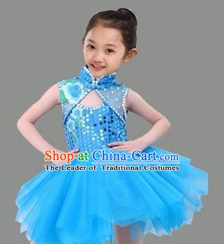 Top Grade Stage Performance Children Compere Costume, Professional Chorus Singing Blue Bubble Dress for Kids