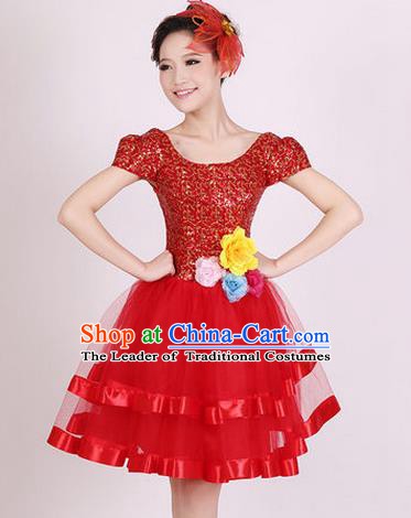 Top Grade Stage Performance Dance Chorus Costume, Professional Modern Dance Red Bubble Dress for Women