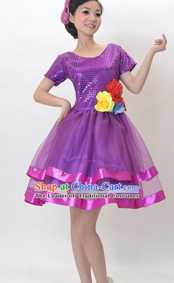 Top Grade Stage Performance Dance Chorus Costume, Professional Modern Dance Purple Bubble Dress for Women