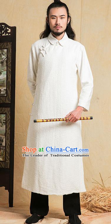 Top Grade Kung Fu Costume Martial Arts Training Plated Buttons White Long Gown Gongfu Wushu Tang Suit Clothing for Men