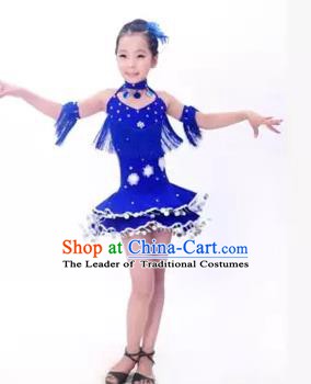 Top Grade Stage Performance Latin Dance Costume, Professional Modern Dance Blue Dress for Kids
