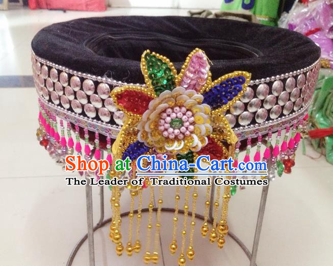 Traditional Chinese Yi Nationality Dance Hair Accessories Tassel Hats Hmong Ethnic Minority Headwear for Women