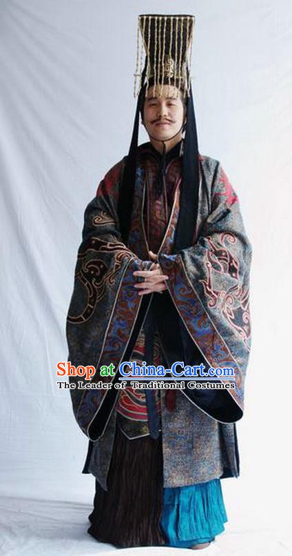 Ancient Chinese Han Dynasty First Emperor Liu Bang Replica Costume and Headpiece Complete Set for Men
