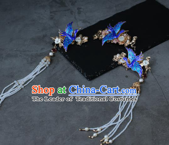 Traditional Chinese Ancient Tassel Blueing Phoenix Hair Stick Classical Hair Accessories Handmade Hairpins for Women