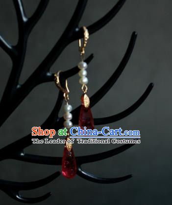 Traditional Chinese Ancient Handmade Hanfu Red Crystal Earrings Eardrop for Women