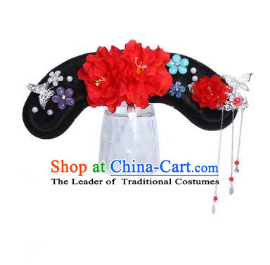 Chinese Ancient Manchu Princess Hair Accessories Wig and Red Peony Hairpins Traditional Qing Dynasty Palace Lady Headwear for Kids