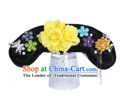 Chinese Ancient Manchu Princess Hair Accessories Wig and Yellow Peony Hairpins Traditional Qing Dynasty Palace Lady Headwear for Kids