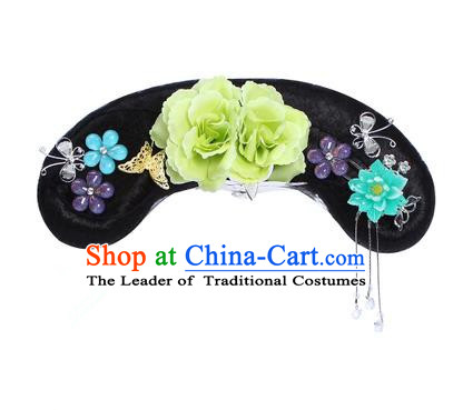 Chinese Ancient Manchu Princess Hair Accessories Wig and Green Peony Hairpins Traditional Qing Dynasty Palace Lady Headwear for Kids