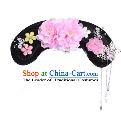 Chinese Ancient Manchu Princess Hair Accessories Wig and Pink Peony Hairpins Traditional Qing Dynasty Palace Lady Headwear for Kids