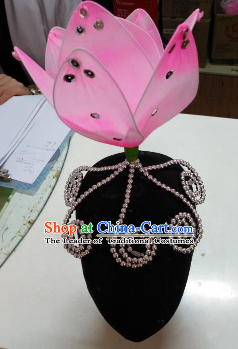 Chinese Traditional Folk Dance Hair Accessories Pink Lotus Headwear for Women