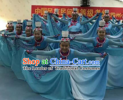 Traditional Chinese Classical Dance Costume, Mongolian Nationality Dance Blue Dress for Women