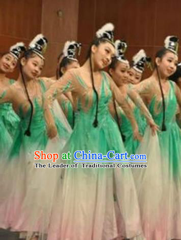 Traditional Chinese Classical Dance Green Dress Fan Dance Costume, Folk Dance Yangko Uniform for Women