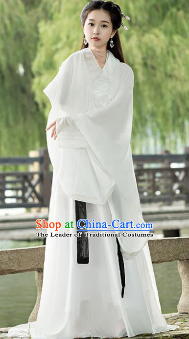 Traditional Chinese Ancient Fairy Costume Tang Dynasty Swordswoman White Hanfu Dress for Women