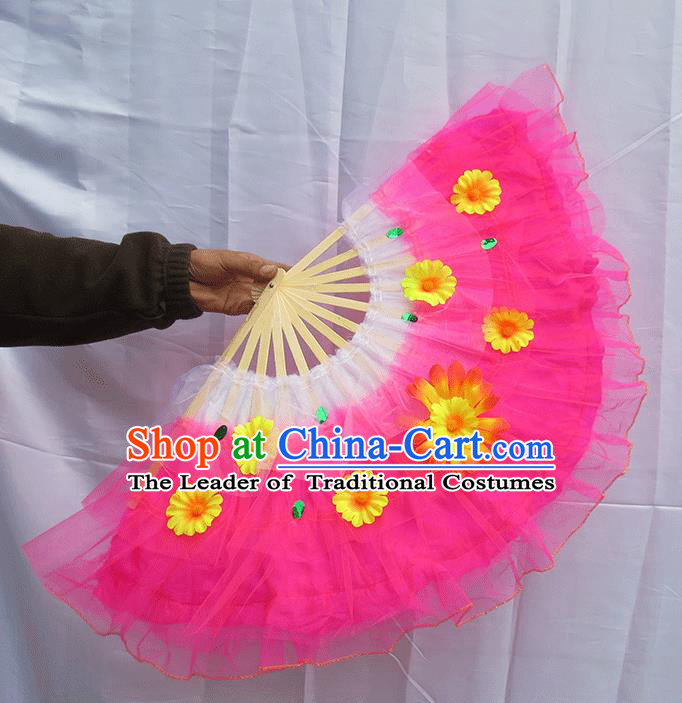 Chinese Traditional Folk Dance Folding Fans Classical Yangko Dance Pink Silk Fans for Women