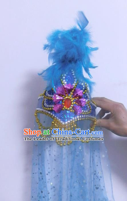 Chinese Traditional Folk Dance Hair Accessories Uyghur Nationality Dance Headwear Blue Feather Hats for Women